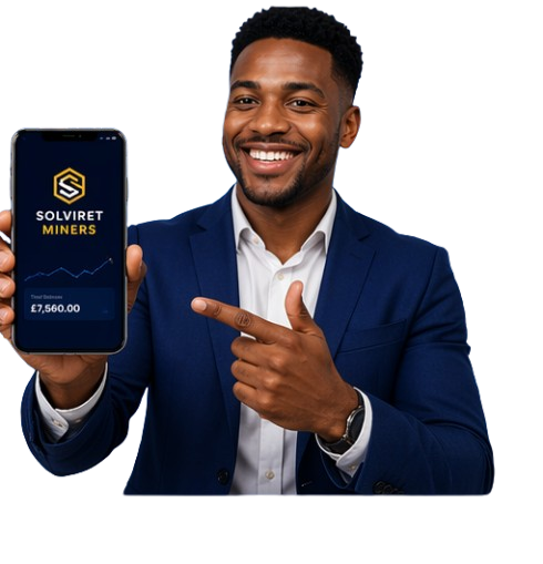 Investor holding a phone showing Solviret Miners